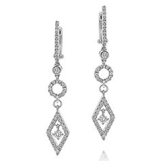 14K white gold diamond fashion drop earrings from the Reis-Nichols Collection. The earrings feature 86 round brilliant cut diamonds weighing approximately 3/5 ctw (.55-.60). Gold Diamond Drop Earrings, Diamond Drop Earrings, Modern Earrings, Diamond Fashion, Style Gift, Round Brilliant Cut Diamond, Brilliant Cut Diamond, White Gold Diamonds, Round Brilliant