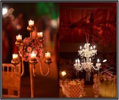 the chandelier is surrounded by candles and flowers