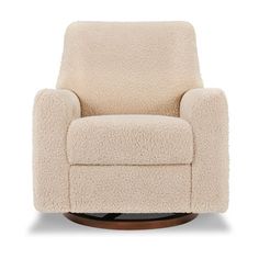 a white chair with a wooden base and a light colored upholstered armrest