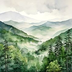 a painting of mountains and trees in the foggy forest with clouds above them, painted by watercolor on paper