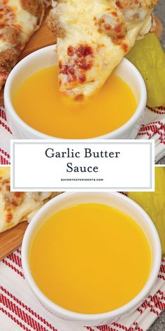 two bowls of garlic butter sauce on a table