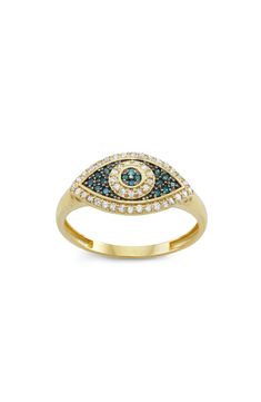 Protect yourself from negativity with this charming evil-eye ring topped with blue-and-white diamonds for a sparkling pop of color. Total diamond weight: 0.30ct. Color: I–J Clarity: I2–I3 10k gold/diamond Imported Diamond Guide Evil Eye Ring Gold, Diamond Evil Eye, Evil Eye Ring, Diamond Guide, Dope Jewelry, Eye Ring, Fabulous Jewelry, Evil Eye Jewelry, Blue Diamond