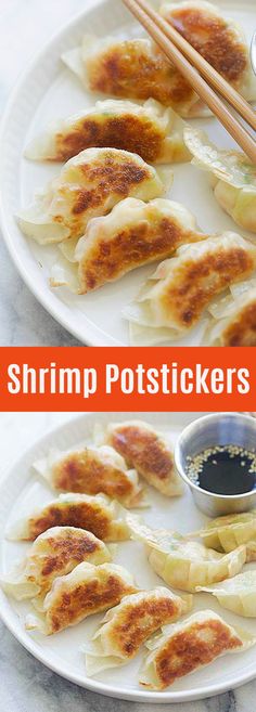 shrimp potstickers on a white plate with chopsticks