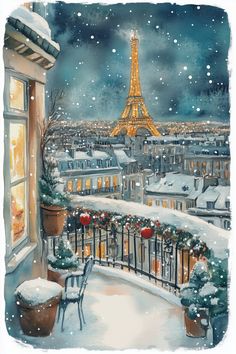 a painting of the eiffel tower in paris, france at christmas time with snow on the ground