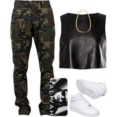 Black Faux Leather Crop Top, Camo Cargo Pants, White Nike @1π F°®©€ 1$, Black/White Aaliyah IPhone Case, Gold Chain Nike 1, Aaliyah Style, Leather Crop Top, Dope Fashion, Pants White, Camo Pants, White Nike, Dope Outfits, Aaliyah