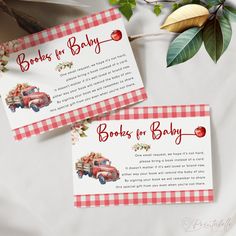 two red and white baby books for babies to read on the back of an old truck