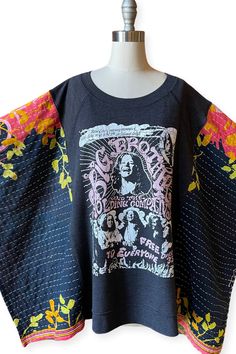 SEND IN YOUR OWN BAND TEE or Sweatshirt-Custom Kantha Poncho Style – MountainGirlClothing Tshirt Poncho Diy, Old Band Shirts Diy, Upcycle Concert Tshirt, Upcycled Band Tee, Reworked Band Tee, Poncho Shirt, Upcycle Inspiration, T Shirt Upcycle, Kantha Fabric