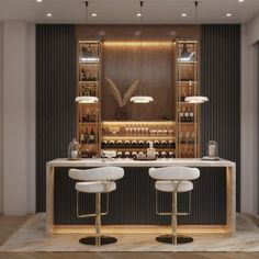 two stools sit in front of a bar with bottles on the shelves and lights above it