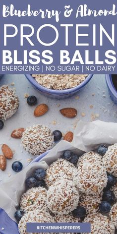 blueberry and almond protein bliss balls with text overlay