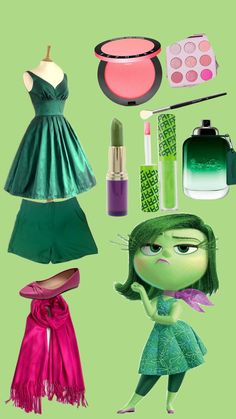 an assortment of green and pink items including a dress, purse, lipstick, makeup