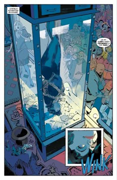 a comic book page with an image of a man in a glass case surrounded by other people