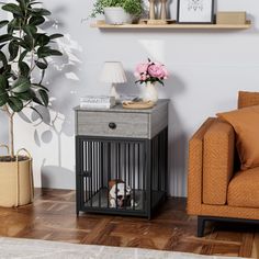 a living room with a couch, chair and dog in a cage