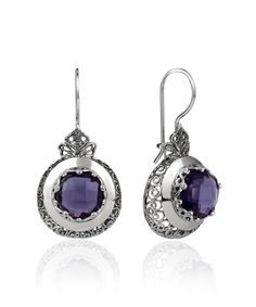 "Vintage looks filigree sterling silver Amethyst Drop Earrings are a timeless gift for the woman in your life. These stunning drop earrings feature intricate handcrafted filigree and sparkling lab created amethyst accented with filigree lace detailes. The earrings come packaged in an elegant jewelry box, ready for giving. Gentle and shimmering, these Amethyst Silver Filigree Earrings are made from .925 sterling silver. The filigree work is handcrafted to create a beautiful accent that complement Elegant Amethyst Earrings For Formal Occasions, Elegant Amethyst Earrings, Ornate Purple Pierced Earrings, Elegant Oval Jewelry With Oxidized Finish, Elegant Purple Pierced Earrings, Ornate Purple Sterling Silver Earrings, Ornate Oval Earrings For Gift, Ornate Oval Earrings As Gift, Elegant Silver Earrings With Oxidized Finish