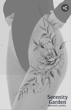 a woman's thigh with flowers on it and the words serenity garden written in black