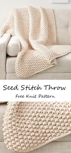 a crocheted blanket is shown with the text, seed stitch throw free knit pattern