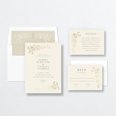 wedding stationery suite with matching envelopes and rsp cards in gold foil on white paper