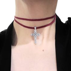 Silver Ornate Cross Charm on Wine Red Suede Cord. Cord wraps around neck twice.  Lobster Clasp.  Chain Extender for Size Adjustment.  CB159  #crossnecklace #cross #choker #crosschoker Cord Gift Cross Choker, Ornate Cross, Berber Jewelry, Cross Choker, Moroccan Jewelry, Suede Cord, Chain Extenders, Choker Necklaces, Cross Charms