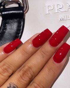 Rihanna Red Nails, Red Shirt Nails Acrylic, Red Nail Square, Red Short Square Acrylic Nails, Red Nails On Black Women, Medium Red Nails, Square Acrylic Nails Red, Red Mani Pedi, Plain Red Nails