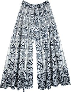 A black and white peacock bohemian wide-leg pants with full flare and a unique traditional style.  These pants look like a skirt when you are wearing them, but they are actually very generous wide-legged pants. #tlb #SplitSkirtsPants #Printed #widelegcottonpants #peacockprintpants #blackandwhitecottonpants Flowy Long Skirt With Boho Print, Flowy Boho Print Long Skirt, White Bohemian Wide Leg Pants With Elastic Waistband, Bohemian White Wide Leg Pants With Elastic Waistband, White Bohemian Harem Pants, White Bohemian Wide-leg Pants, Bohemian Flowy Wide Leg Pants, Traditional White Wide Leg Bottoms, White Full-length Bohemian Bottoms