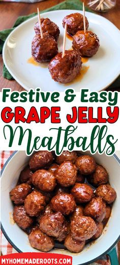 some meatballs are on a plate with toothpicks in them and the words festive & easy grape jelly meatballs