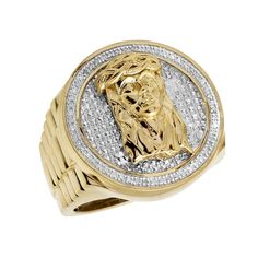 Men's Yellow Gold Finish Real Diamond Jesus Step Shank Pinky Ring 0.33ct 25MM Size: 10.  Color: Beige.  Gender: male.  Age Group: adult. Pinky Ring, Real Diamonds, Gold Finish, Jewelry Watches, Mens Jewelry, Rings For Men, Yellow Gold, Yellow