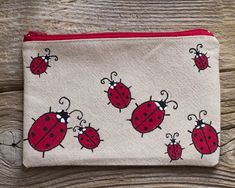 Ladybirds Cosmetic Bag Linen and Cotton Hand Painted Ladybugs | Etsy Painted Totes, Diy Tote Bag Design, Small Crafts, Diy Sewing Gifts, Handmade Charlotte, Purse Crafts, Ribbon Embroidery Tutorial, Handpainted Bags, Diy Bag Designs