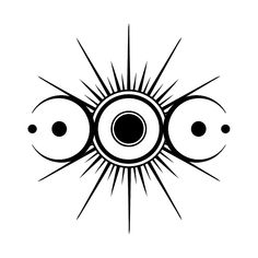 three black and white circles with sunbursts in the middle on a white background