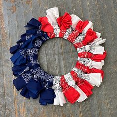 Bandanna Patriotic Americana Holiday Wreath Door Hanger Patriotic Wreath Diy, Bandana Wreath, American Flag Wreath, Flag Wreath, Fourth Of July Decorations, 4th July Crafts, Dollar Store Christmas, Paper Wreath, Patriotic Crafts