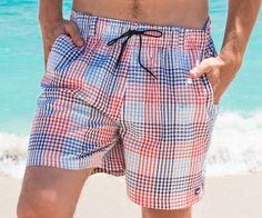 Navy and Red Seersucker Gingham Red Swim Trunks, Preppy Clothing, Pink Seersucker, Well Dressed Men, Weekend Wear, Man Swimming