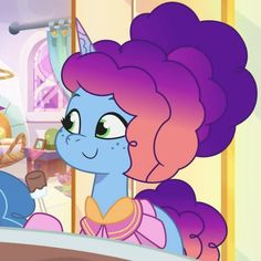 a pony with purple hair standing in front of a mirror