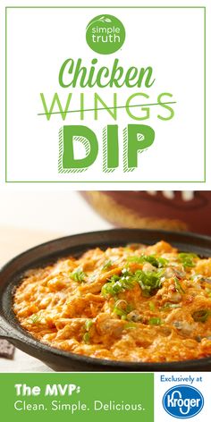 chicken wings dip recipe in a skillet with the title, simple truth chicken wings dip