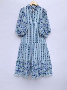 ITEM DESCRIPTION blue gray floral pattern printed women's cotton maxi dress - V neckline with frill collar boho long dress  Features: 3/4th sleeve, V neck, Long dress Fabric : 100% Cotton cambric hand block printed fabrics  Sleeve Length = 18 inch For more sizes & their measurement, please refer our below chart to understand the sizes variations available with us For your size requirement, please mention your size in seller note at the time of buying. SIZE MEASUREMENT  BUSTLENGTHSHOULDER XXS34 inch51 inch13.5 inch XS36 inch51 inch14 inch S38 inch51 inch14.5 inch M40 inch51 inch15 inch L42 inch51 inch16 inch XL44 inch51 inch16.5 inch 2XL46 inch51 inch17 inch 3XL48 inch51 inch18 inch   Company Return Policy:  Please write for more information to my email directly CHOOSE "ASK SELLER QUESTION Boho Long Dress, Frill Collar, Boho Dresses Long, Cotton Maxi Dress, Floral Prints Pattern, Cotton Maxi, Maxi Dress Cotton, Block Printing Fabric, Grey Floral