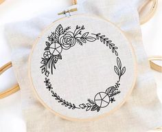 an embroidered hoop with flowers and leaves on it sitting next to a pair of scissors