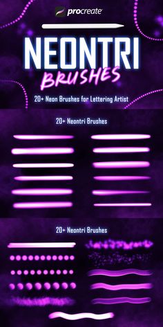 neon brushes for photoshopping and texturing are displayed in this purple poster design