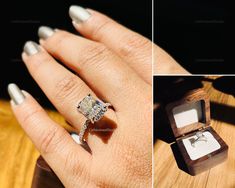 a woman's engagement ring is shown in three different pictures, including an open box