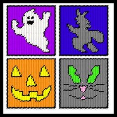 four squares with different designs on them, one has a ghost and the other has pumpkins