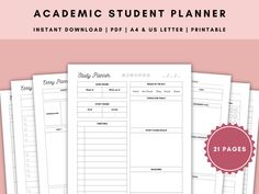 the printable student planner is shown in four different colors and sizes, including one for each