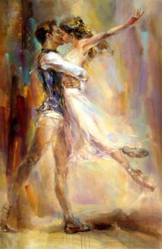 a painting of two people dancing together