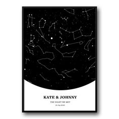 a black and white poster with stars in the sky