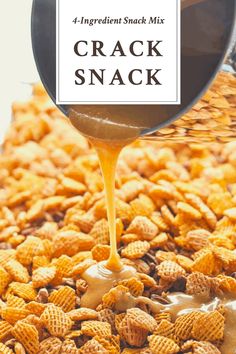 a spoon pouring peanut butter on crackers into a bowl with the words, 4 ingredient snack mix