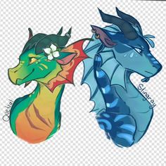 two different colored dragon heads on a white background