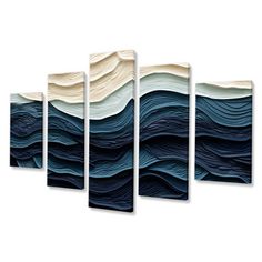 an abstract wall art piece with waves painted on the side and blue, white and beige colors