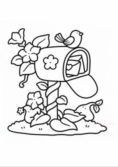 a black and white drawing of a flower pot with birds sitting on top of it