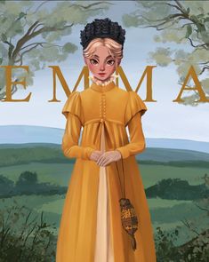 a painting of a woman in a yellow dress holding a bird on a string with the words demma above her