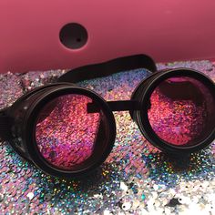 Super Awesome Pink Lens Black Framed Goggles Black Rave Sunglasses With Anti-reflective Coating, Black Anti-reflective Rave Sunglasses, Black Rave Sunglasses With Mirrored Lenses, Pink Tinted Sunglasses For Festival, Goggles Aesthetic, Pink Goggles, Baby Moth, Pink Steampunk, Cyberpunk Accessories