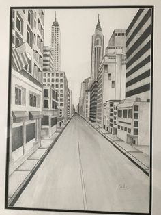 a pencil drawing of a city street with tall buildings in the backgroung