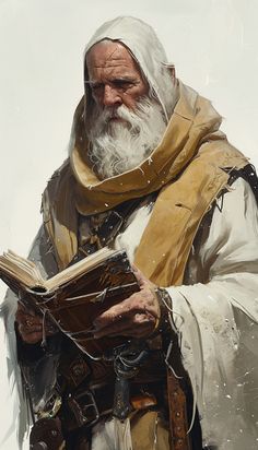 an old man with white hair and beard holding a book in his hands while wearing a yellow scarf