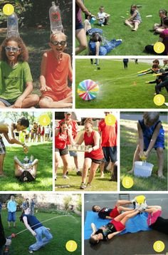 a collage of photos showing people playing in the park