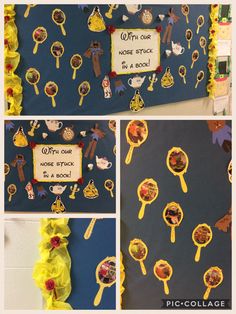 the bulletin board is decorated with yellow lollipops and other things on it