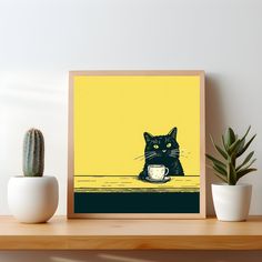 a black cat sitting on top of a table next to a potted plant and a yellow wall